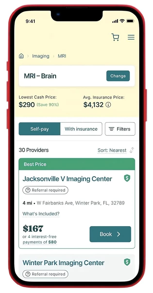 Illustrative phone screen comparing imaging providers and cash prices